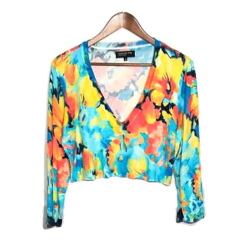 Jones New York Cropped Watercolor Abstract Print V-Neck Top Sz Large